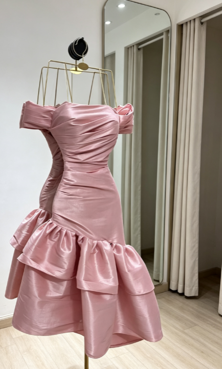 Fashion Pink Hoco Dress Off-shoulder Sheath Birthday Dress Satin Dress for Party Dress ED09089