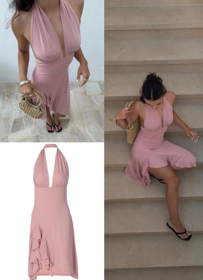 Fashion Pink Hoco Dress Halter Sheath Birthday Dress Chiffon Dress for Party Dress ED09090