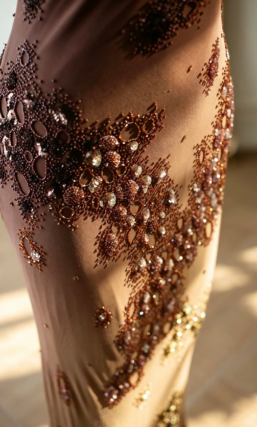 Vintage Brown Prom Dress Spaghetti Straps Sheath Chiffon Beaded Long Evening Dress ED09091