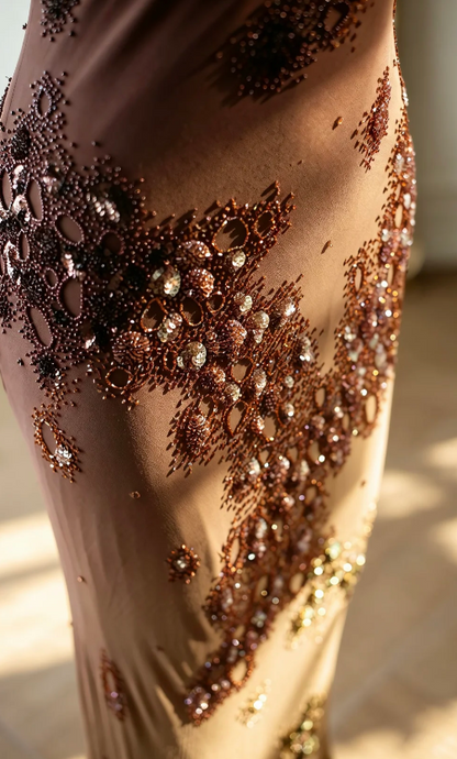 Vintage Brown Prom Dress Spaghetti Straps Sheath Chiffon Beaded Long Evening Dress ED09091