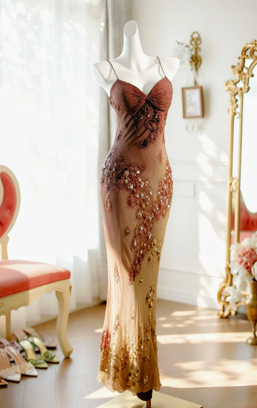 Vintage Brown Prom Dress Spaghetti Straps Sheath Chiffon Beaded Long Evening Dress ED09091