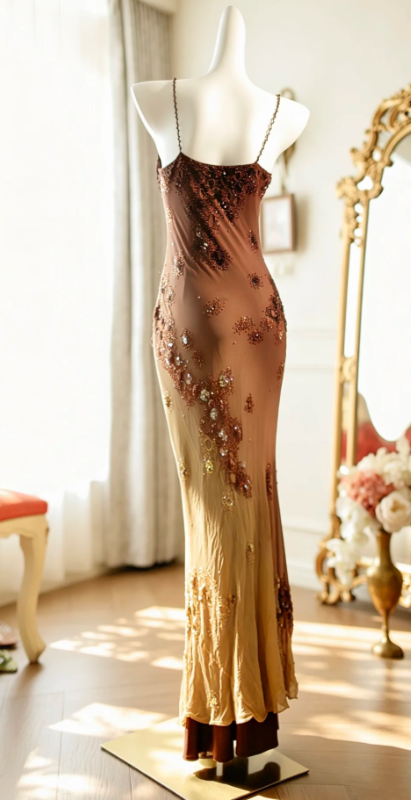 Vintage Brown Prom Dress Spaghetti Straps Sheath Chiffon Beaded Long Evening Dress ED09091