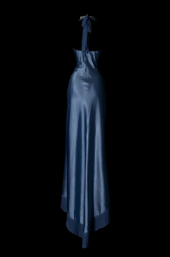 Élégante robe de bal bleue Fourreau en satin col en V Robe de soirée longue ED09092