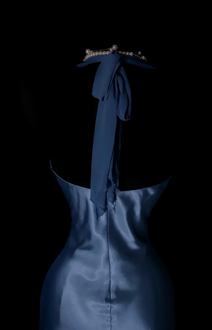Élégante robe de bal bleue Fourreau en satin col en V Robe de soirée longue ED09092