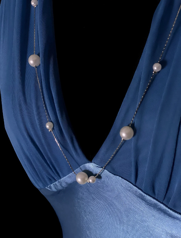 Élégante robe de bal bleue Fourreau en satin col en V Robe de soirée longue ED09092