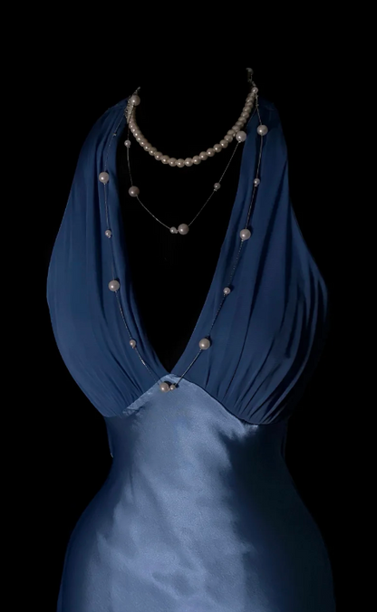 Élégante robe de bal bleue Fourreau en satin col en V Robe de soirée longue ED09092