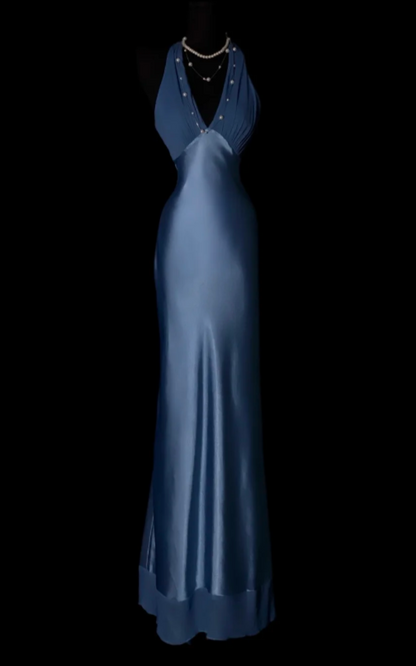 Élégante robe de bal bleue Fourreau en satin col en V Robe de soirée longue ED09092