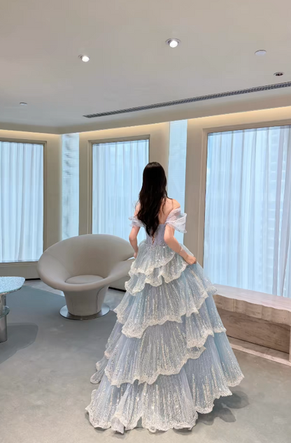 Fashion Blue Prom Dress Off-shoulder A-Line Tulle Long Evening Dress ED09095