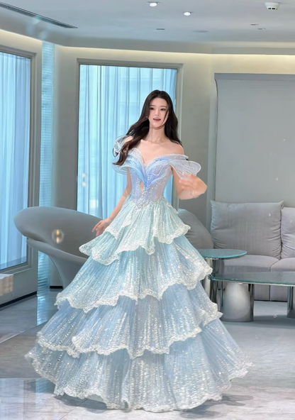 Fashion Blue Prom Dress Off-shoulder A-Line Tulle Long Evening Dress ED09095