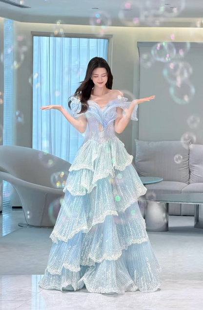 Fashion Blue Prom Dress Off-shoulder A-Line Tulle Long Evening Dress ED09095