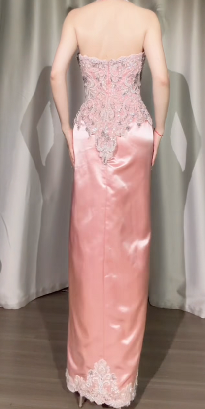 Robe de bal sirène bustier en satin pêche avec appliques pour soirée ED09096