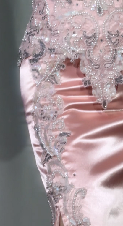 Robe de bal sirène bustier en satin pêche avec appliques pour soirée ED09096