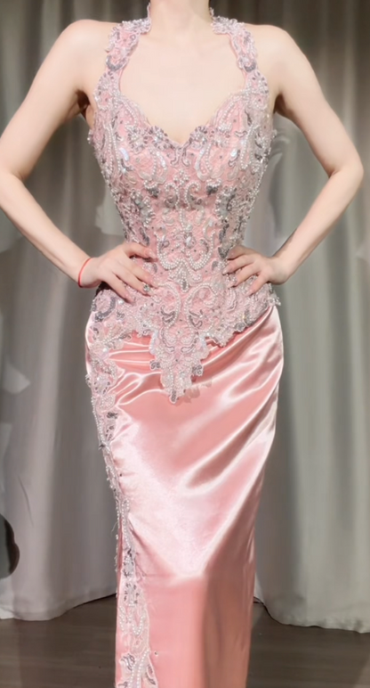 Robe de bal sirène bustier en satin pêche avec appliques pour soirée ED09096