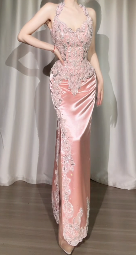Fashion Peach Prom Dress Halter Sheath Satin Applique Long Evening Dress ED09096