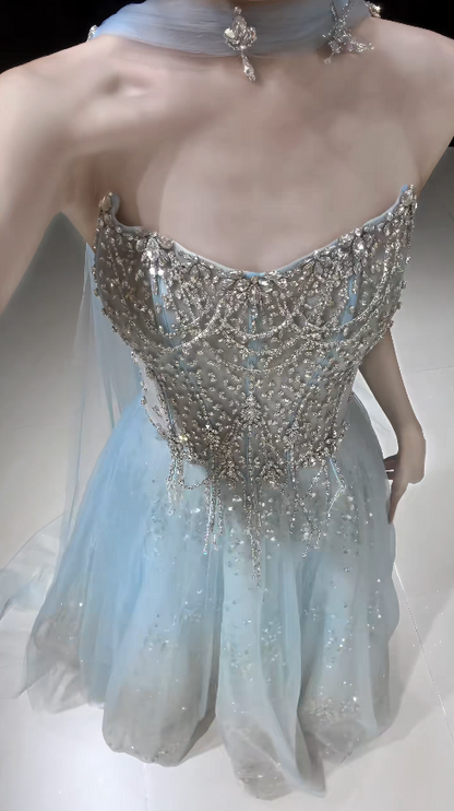Fashion Blue Prom Dress Strapless A-Line Tulle Long Evening Dress ED09097