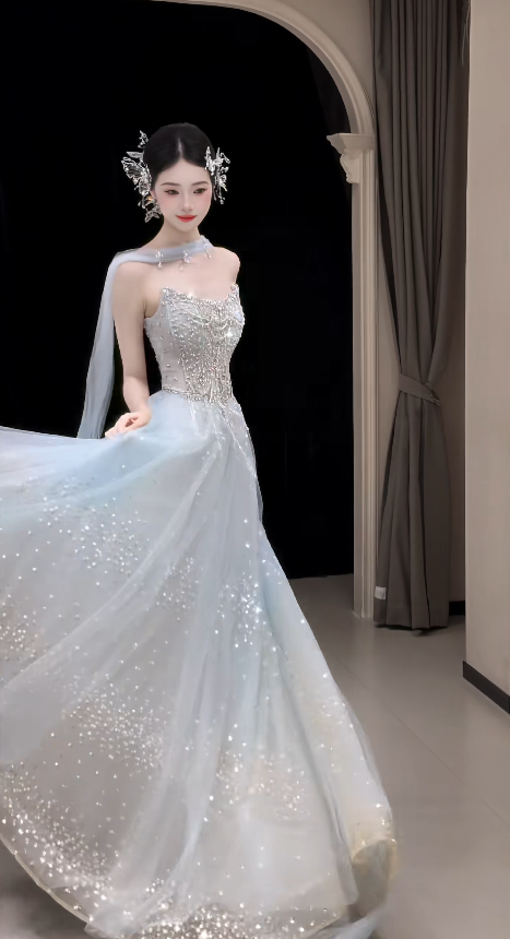 Fashion Blue Prom Dress Strapless A-Line Tulle Long Evening Dress ED09097