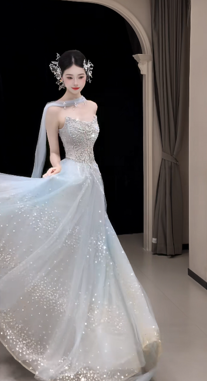 Fashion Blue Prom Dress Strapless A-Line Tulle Long Evening Dress ED09097
