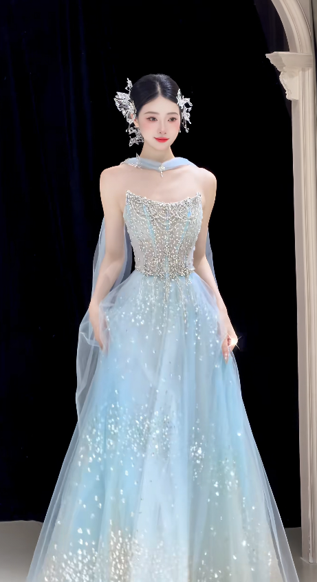 Fashion Blue Prom Dress Strapless A-Line Tulle Long Evening Dress ED09097