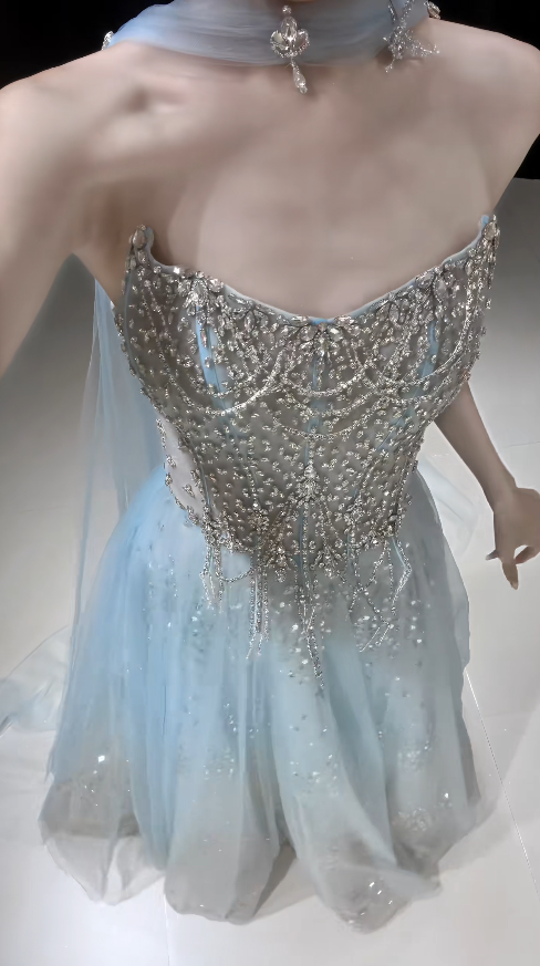 Fashion Blue Prom Dress Strapless A-Line Tulle Long Evening Dress ED09097