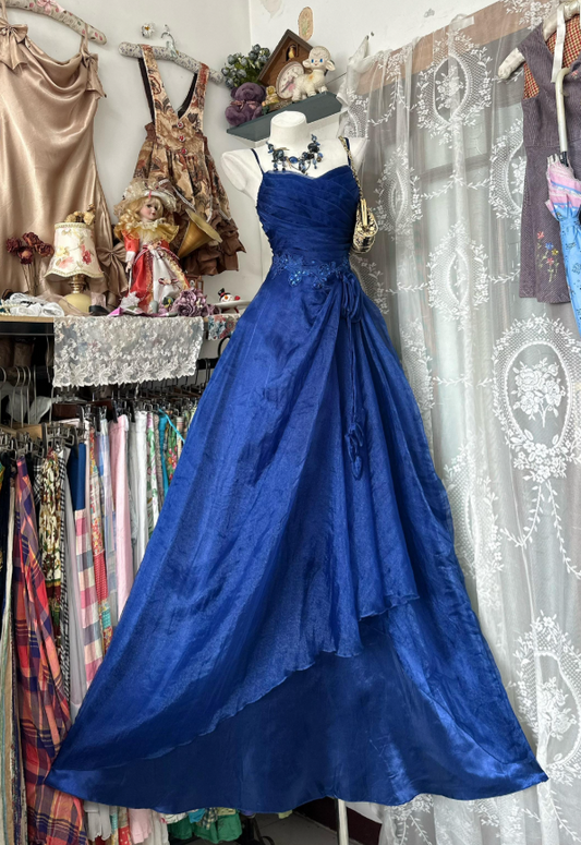 Fashion Blue Prom Dress Spaghetti Straps A-Line Satin Long Evening Dress ED09098