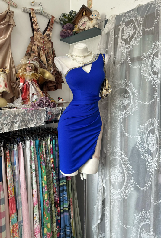 Fashion Blue Birthday Dress One-shoulder Hoco Dress Sheath Satin Graudation Party Dress ED09100