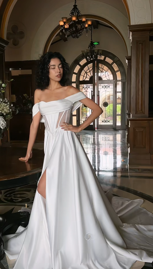 Simple Off-shoulder A-Line Wedding Dress White Satin Bridal Gown ED09107