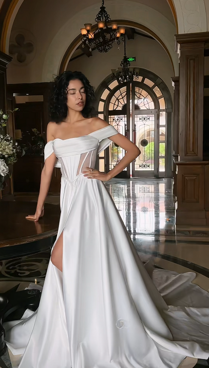 Simple Off-shoulder A-Line Wedding Dress White Satin Bridal Gown ED09107