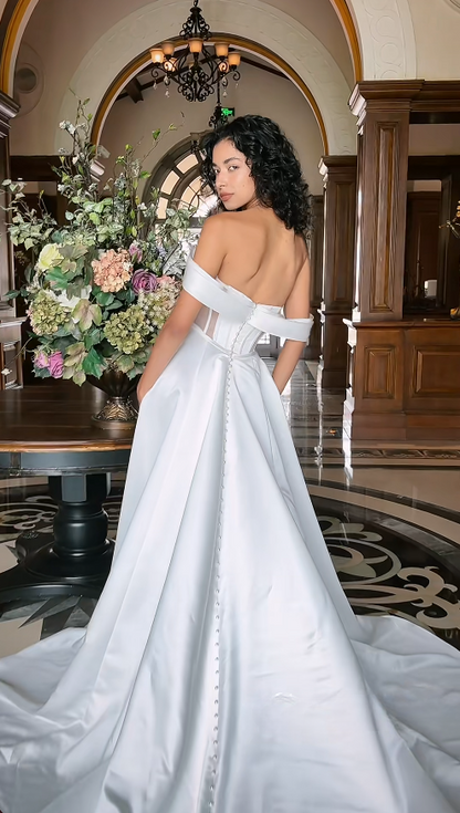 Simple Off-shoulder A-Line Wedding Dress White Satin Bridal Gown ED09107