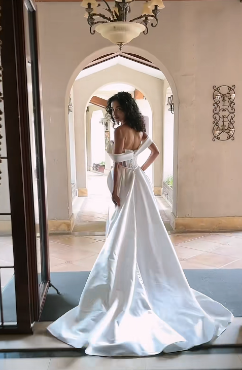 Simple Off-shoulder A-Line Wedding Dress White Satin Bridal Gown ED09107