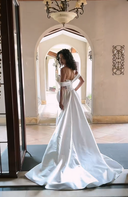 Simple Off-shoulder A-Line Wedding Dress White Satin Bridal Gown ED09107
