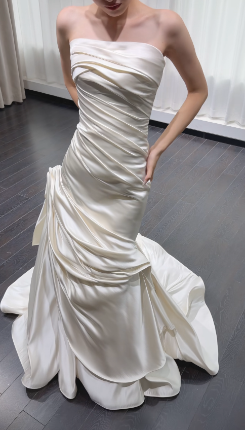 Simple Strapless Sheath Wedding Dress White Satin Bridal Gown ED09108