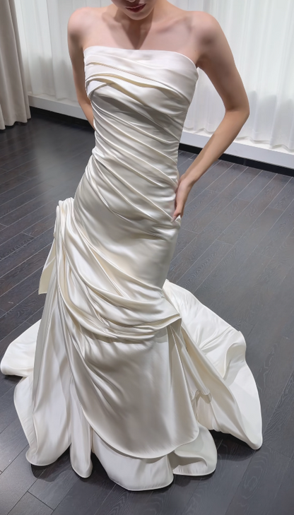 Simple Strapless Sheath Wedding Dress White Satin Bridal Gown ED09108