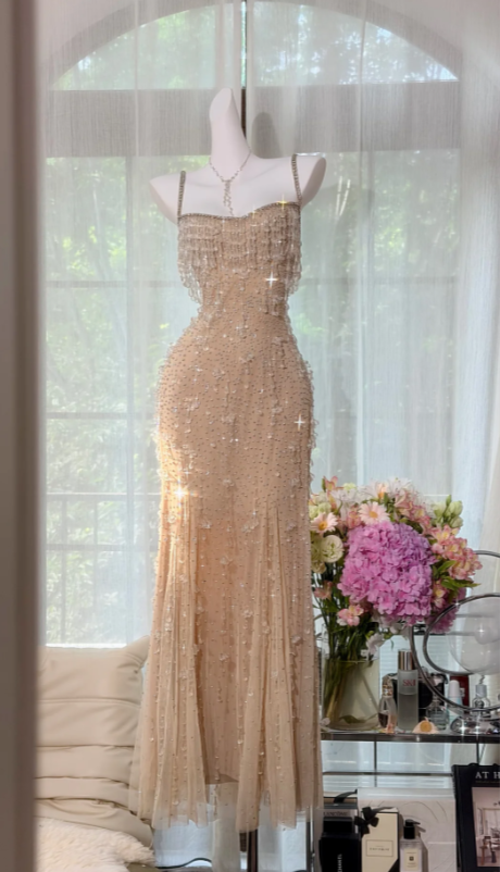 Chic Nude Champagne Prom Dress  Sheath Beaded Long Evening Dress Straps Chiffon Dress for Party ED09112