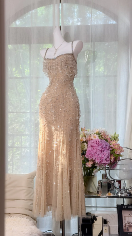 Chic Nude Champagne Prom Dress  Sheath Beaded Long Evening Dress Straps Chiffon Dress for Party ED09112