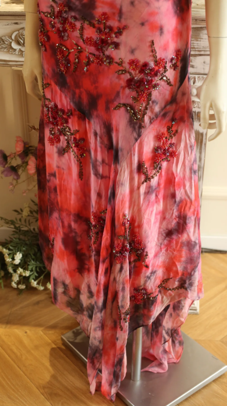 Elegantes rotes Ballkleid, Scheide, Perlenstickerei, langes Abendkleid, V-Ausschnitt, florales Chiffonkleid für Party ED09113