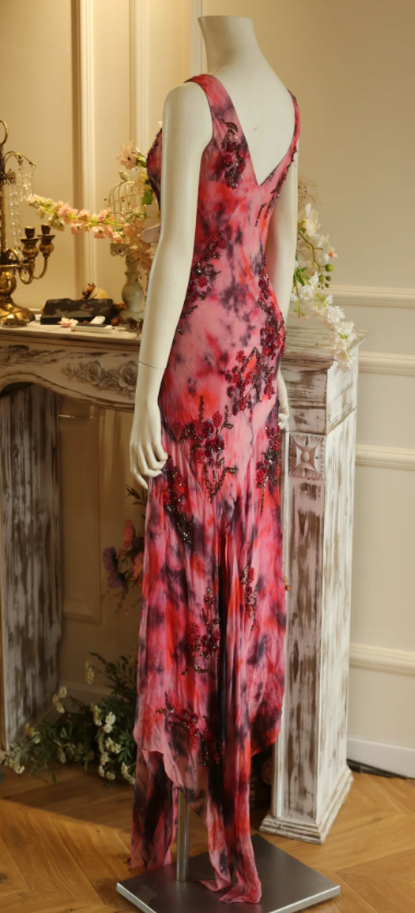 Elegantes rotes Ballkleid, Scheide, Perlenstickerei, langes Abendkleid, V-Ausschnitt, florales Chiffonkleid für Party ED09113