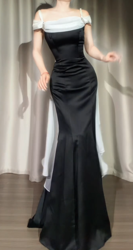 Elegantes schwarzes Ballkleid A-Linie Langes Abendkleid Träger Satinkleid für Party ED09114