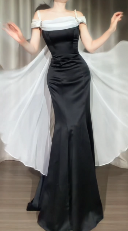 Elegantes schwarzes Ballkleid A-Linie Langes Abendkleid Träger Satinkleid für Party ED09114