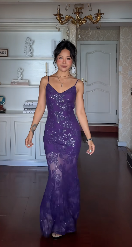 Chic Purple Prom Dress  Sequins Sheath Long Evening Dress Straps Chiffon Dress for Party ED09115