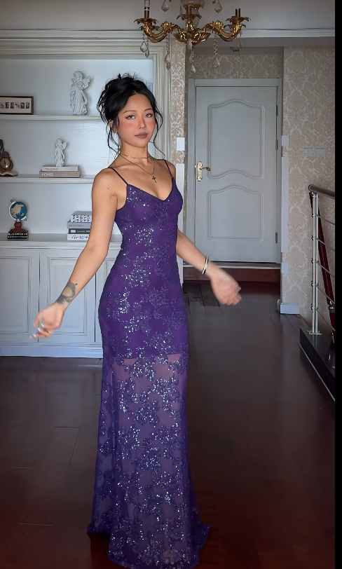 Chic Purple Prom Dress  Sequins Sheath Long Evening Dress Straps Chiffon Dress for Party ED09115
