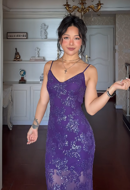 Chic Purple Prom Dress  Sequins Sheath Long Evening Dress Straps Chiffon Dress for Party ED09115