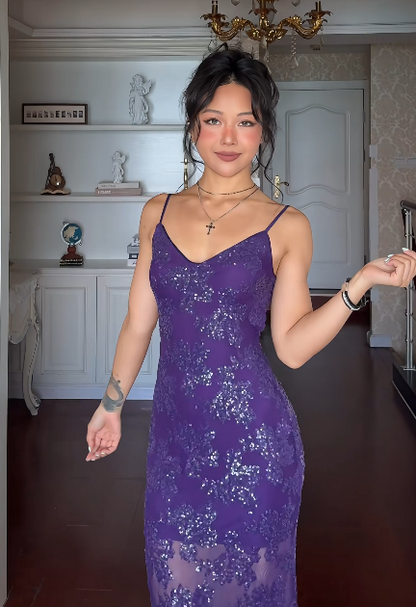 Chic Purple Prom Dress  Sequins Sheath Long Evening Dress Straps Chiffon Dress for Party ED09115