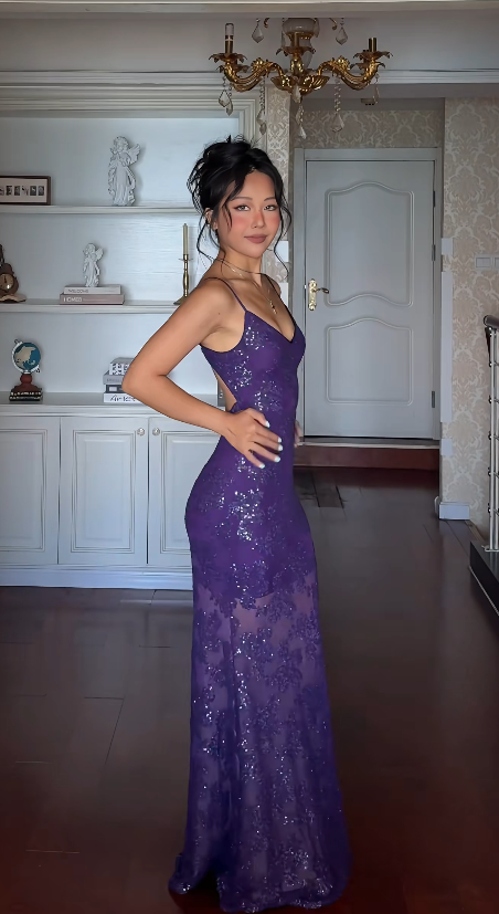 Chic Purple Prom Dress  Sequins Sheath Long Evening Dress Straps Chiffon Dress for Party ED09115