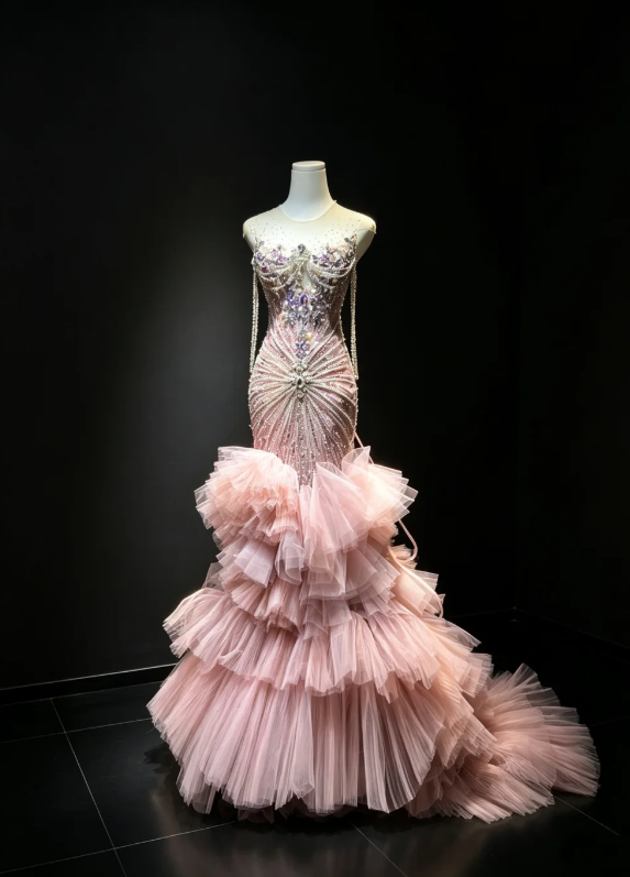 Elegantes pinkfarbenes Ballkleid, perlenbesetztes Meerjungfrauen-Abendkleid lang, Rundhals-Tüllkleid für Partys ED09116
