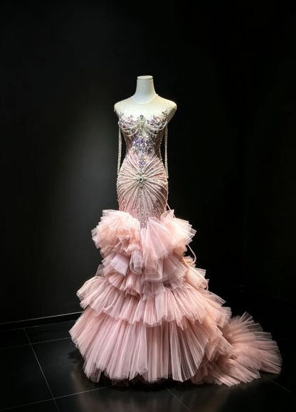 Elegantes pinkfarbenes Ballkleid, perlenbesetztes Meerjungfrauen-Abendkleid lang, Rundhals-Tüllkleid für Partys ED09116