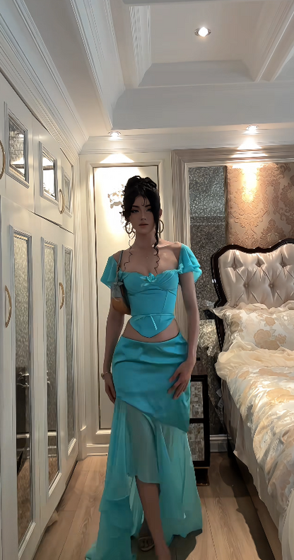Robe de bal chic bleue fourreau longue robe de soirée robe en mousseline pour fête ED09117
