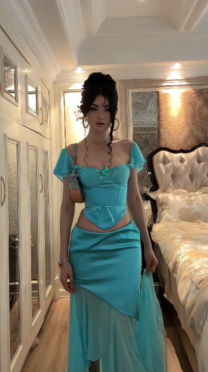 Robe de bal chic bleue fourreau longue robe de soirée robe en mousseline pour fête ED09117