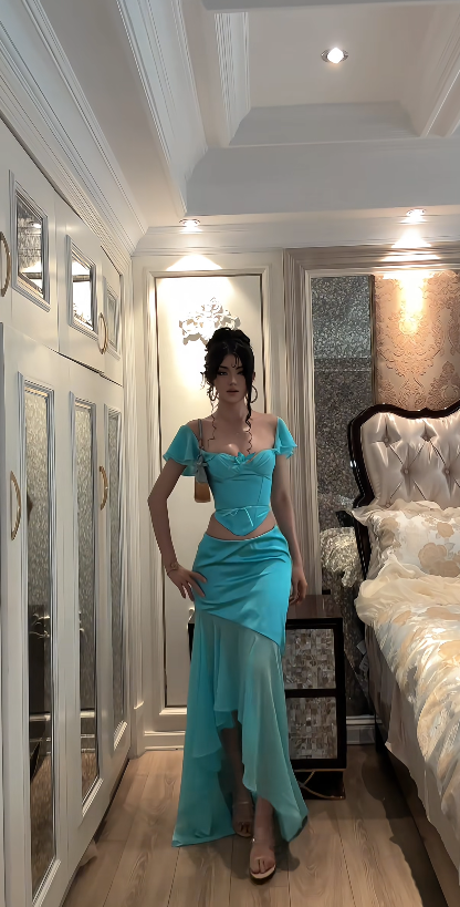 Robe de bal chic bleue fourreau longue robe de soirée robe en mousseline pour fête ED09117