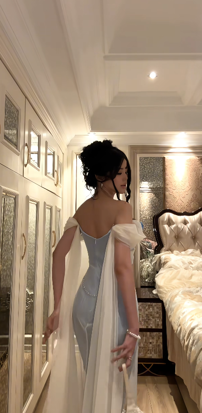 Élégante Robe de Bal Bleue Fourreau Longue Robe de Soirée Robe en Tulle Épaules Dénudées pour Soirée ED09118