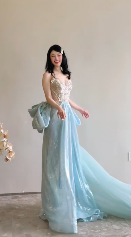 Chic Blue Prom Dress  A=line Beaded Long Evening Dress Sweetheart Tulle Dress for Party ED09119